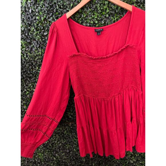 Torrid Baby doll Rayon Slub / Lace Inset Smocked Tiered Top, Women’s Size 1 XL - Picture 4 of 7